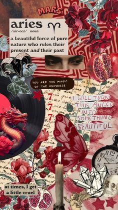 altered collage with red and black images, flowers, candles, and other items