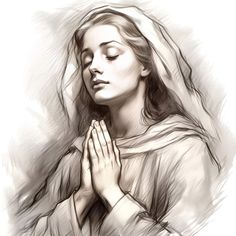 a drawing of a woman with her hands folded in front of her face and praying