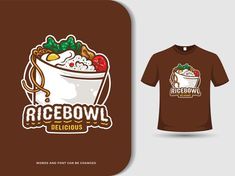 a brown t - shirt with a bowl of food on it and the words ricebowl delicious