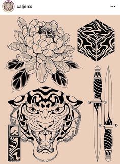 tiger and flower tattoo designs on pink background