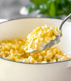 a spoon full of corn and cream in a white bowl