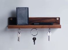 a wooden shelf with keys and a wallet on it