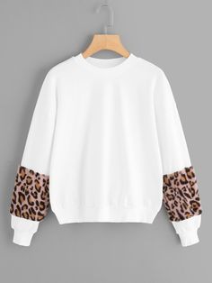 Drop Shoulder Contrast Faux Fur Sweatshirt -SheIn(Sheinside) Fur Sweatshirt, Leopard Print Sweatshirt, Sweatshirts Online, Cool Hoodies, Funny Sweatshirts, Print Sweatshirt, Printed Sweatshirts, Fashion Advice