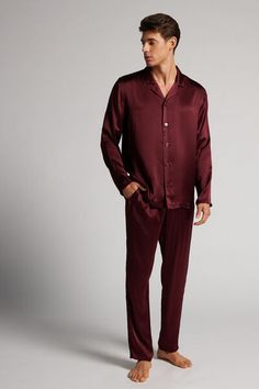 Men's pajama top and long bottoms in fine silk. Button-front top and trousers with elastic waistband. Christmas Pyjamas For Men, Mens Silk Pajamas Red, Dark Royal Pajamas, Nightgowns For Men, Silk Christmas Pajamas Couples, Mens Pajamas Christmas, Couples Pajamas, Mens Silk Pajamas, Dark Cherry Red