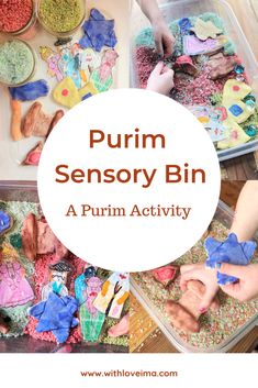 the words purim sensory bin are shown in front of children's hands