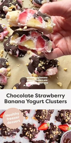 chocolate strawberry banana yogurt clusters are stacked on top of each other and being held up