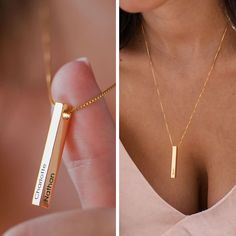 Engraving Jewelry, خواتم خطوبة, Custom Engraved Necklace, Custom Bar Necklace, Engraved Bar Necklace, Vertical Bar Necklace, Modern Gold Jewelry, Pretty Jewelry Necklaces, Bar Necklace Personalized