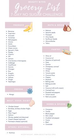 the grocery list for 7 day no sugar challenge is shown in pink and white, with text