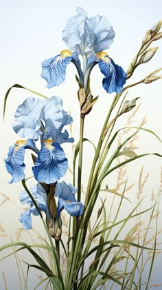 a painting of blue flowers and grass in front of a light colored background with water