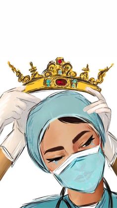 a drawing of a nurse wearing a surgical mask with a crown on top of her head