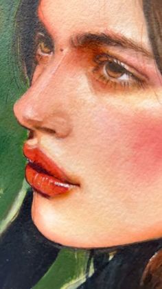 a painting of a woman's face with green leaves on the side and red lips