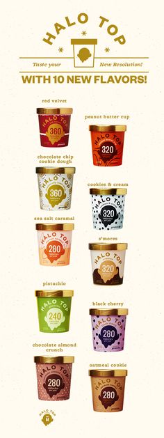 an ice cream advertisement for halo top with 10 new flavors in each cup, and the price is $ 20