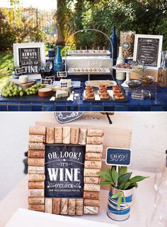 a table topped with lots of food and wine corks next to a sign that says oh look it's wint