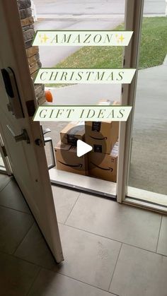 an open door with the words amazon christmas gift ideas on it and boxes in front