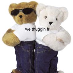 two teddy bears dressed in jeans and t - shirts, one with sunglasses on his head