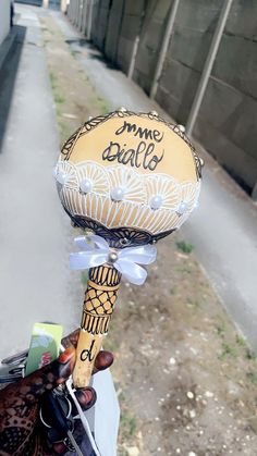 a person holding up a decorated ball on the back of a bike