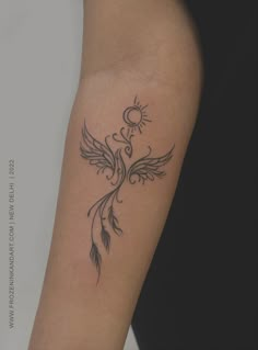 This image is of a phoenix bird tattoo on forearm of a girl, made and picture clicked by artist Krishna Roy at Frozen Ink And Art Studio which is in New Delhi, India. Phoneix is a fire bird with a strong meaning which says rise from the ashes. Its a minimal style design mostly line art slightly giving a delicate ornamental tattoo look to overall piece. Powerful Tattoo, Timeless Tattoo, Fire Tattoo, Rise From The Ashes, Fine Line Tattoo, Modern Tattoos