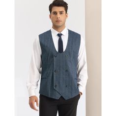 The striped patterned suit vests are of stylish and classic design, making your outfit more tailored and elegant. The double breasted striped dress vest can be perfectly paired with dress shirts and pants for a business look, for you to attend wedding, office working, dates, meetings and more. Great gift for your friend, boyfriend, and your father. Elegant Double-breasted Formal Vest, Elegant Formal Double-breasted Vest, Elegant Tailored Pinstripe Vest, Tailored Pinstripe Business Vest, Tailored Pinstripe Vest For Business, Classic Pinstripe Vest For Formal Occasions, Classic Pinstripe Formal Vest, Formal Striped Fitted Vest, Formal Striped Sleeveless Vest