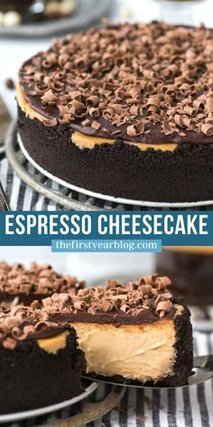 Espresso Coffee Cheesecake pin with text overlay Triple Coffee Cheesecake, Gluten Free Coffee Cheesecake, Specialty Cheesecake, Espresso Cheesecake Recipes, Chocolate Coffee Cheesecake, Fancy Cheesecake Recipes, Mocha Cheesecake Recipe, Espresso Cheesecake, Coffee Cheesecake Recipes