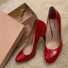 Brand New From Europe. Never Worn Miu Miu Red Shoes, Vintage Miu Miu Heels, Chic Court Shoes With Red Sole And Closed Toe, Red Sole Low Heel Heels, Red Sole Low Heels, Chic Court Shoes With Red Sole And Round Toe, Red Round Toe Court Shoes For Evening, Chic Almond Toe Court Shoes With Red Sole, Red Party Court Shoes With Reinforced Heel