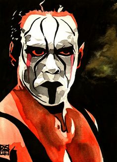 a painting of a wrestler with red eyes and white paint on it's face