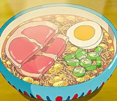 a bowl filled with noodles, meat and eggs