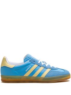 sky blue/yellow technical jersey leather/suede panelling signature trefoil logo patch at the tongue signature 3-Stripes logo contrasting heel counter front lace-up fastening round toe branded insole vulcanised-rubber sole Adidas Gazelle Blue And Yellow, Colorful Adidas Shoes, Adidas Samba Black, Adidas Suede, Adidas Gazelle Indoor, Yellow Sneakers, Bag Women Fashion, 2024 Christmas, Swag Shoes