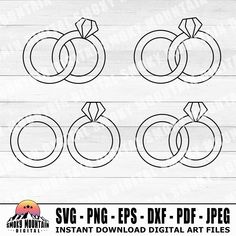 four wedding rings with diamonds on them, and the words svg - png epsp