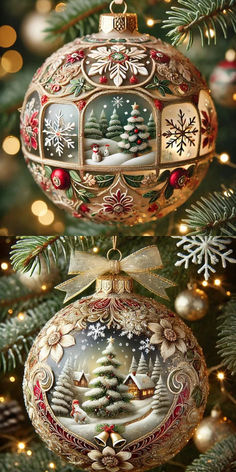 two christmas ornaments hanging from the top of a tree