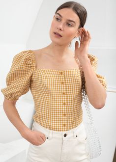 Vintage Outfits 50s, Vintage Outfits 90s, Yellow Gingham, Gingham Top, Straight Clothes, Gingham Tops, Puff Sleeve Dress, Puffed Sleeves Dress, Puffy Sleeves