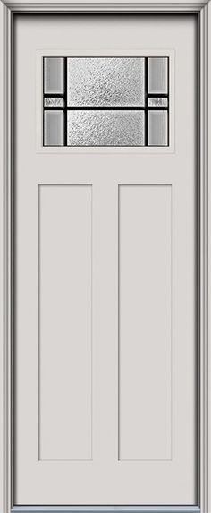 a white front door with glass panels on the top and bottom panel, in an architectural style