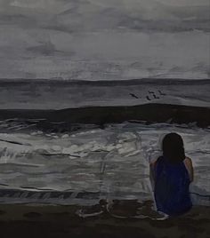 a painting of a woman sitting on the beach looking out at the ocean and birds flying overhead