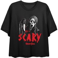 Celebrate your favorite horror movie characters in style with this Ghostface crop t-shirt. The shirt features an image of Ghostface holding a knife while red letters below the character read, “Scary.” The tee comes in a black short sleeve crop top. Ghostface fans will love this comfy crop top tee. Holding A Knife, Red Letters, Short Sleeve Crop Top, Casual Preppy Outfits, Horror Movie Characters, Crop Top Tees, Crop T Shirt, Wardrobe Storage, Short Sleeve Cropped Top