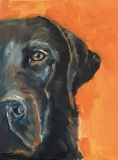 an oil painting of a black dog's head with orange background and blue eyes