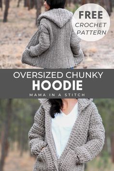 a woman wearing a hooded jacket in the woods with text overlay that reads, oversize chunky hoodie mama in a stitch