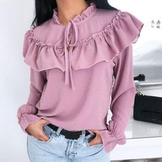 Brown Women Blouse Round Neck Ruffle Casual Tops Long Sleeve Shirt Summer Blouses For Women, Woman Blouse Casual, Women Work Blouse, Womens Blouses Summer, Blouse Casual Fashion, Bow Tie Blouse, Casual Long Sleeve Shirts, Tops Long Sleeve, Stylish Blouse