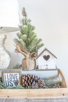 a tray filled with pine cones and other decorations on top of a wooden table next to a lamp