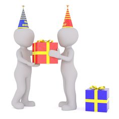 two people are holding presents and wearing party hats