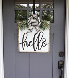 Farmhouse Door Wreath, Welcome Sign Front Door, Welcome Signs Front Door, Wreath Door Hanger, Farmhouse Door, Front Door Sign, Handmade Wood Signs, Hello Sign, Year Round Wreath