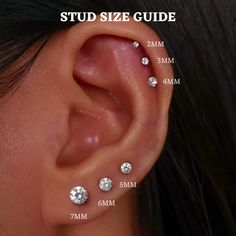 the size guide for an ear with three different sized diamonds on each side and four smaller sizes