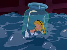 an animated scene with a girl in a jar floating on the water next to another cartoon character