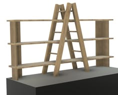 a wooden shelf with two ladders on top