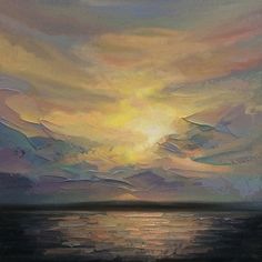 an oil painting of a sunset over the ocean