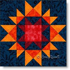 an orange and blue star quilt pattern on a white background with the center in red