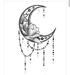 a black and white drawing of a flower on the moon with beads hanging from it