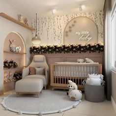 a baby's room decorated in pink and white