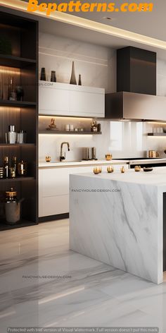 a modern kitchen with marble counter tops and white cabinets is featured in the magazine's latest issue