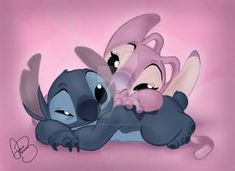 two cartoon characters laying next to each other on a pink background, one is hugging the other