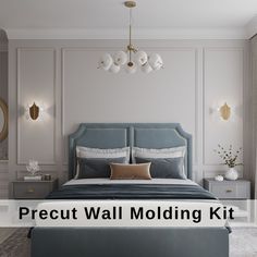 a bedroom with white walls and blue bedding is featured in this image, the text reads precut wall molding kit