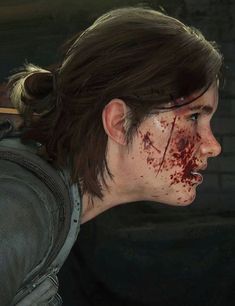 a woman with blood on her face in the video game resident evil, looking at something